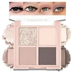 4 Colors Eyeshadow Palette Makeup, Matte Shimmer Glitter Eye Shadow Rose Nude High Pigmented Blendable Smooth Powder To Cream Eyeshadow For Daily Natural-Looking Eyes, Travel Friendly, 04