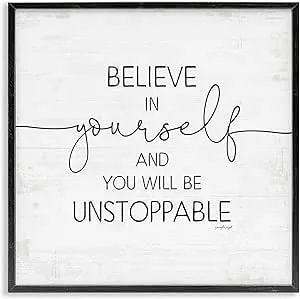 Stupell Industries Believe In Yourself Inspirational Sentiments Distressed Charm, Designed By Jennifer Pugh Black Framed Wall Art, 12 X 12