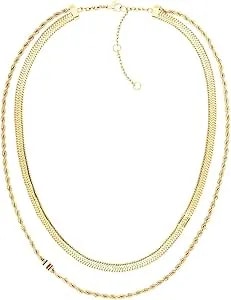 Tommy Hilfiger Women'S Jewelry Necklace, Double Chain With Enamel Stripe And Skeleton Flag Detail, Layered Look, Adjustable, Fashion Accessory, Gift For Her