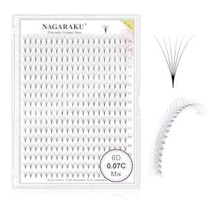 Nagaraku Premade Fans Eyelash Extensions 320 Fans 6d Volume 0.07mm C Curl 9-14mm Mix Tray Sharp Narrow Stem Clusters Thin Pointy Base Russian Pre Fanned Volume Premade Lash Fluffy Matte Black