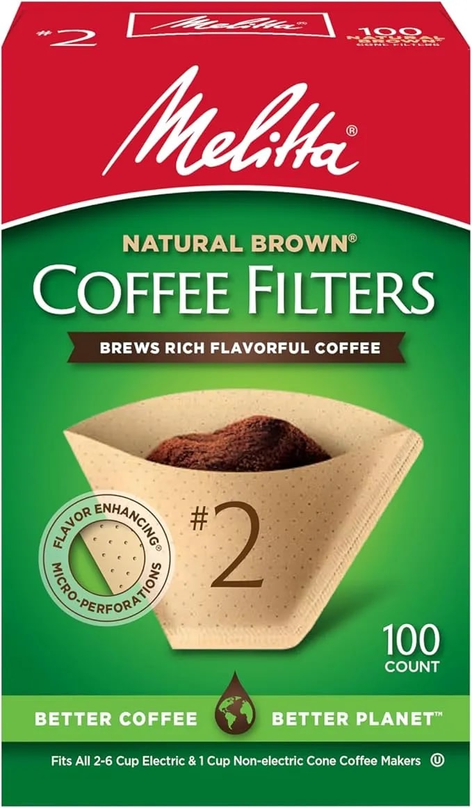 Melitta #2 Cone Coffee Filters, Natural Brown, 100 Count - Fits All 2-6 Cup Cone Coffee Makers And 1-Cup Pour-Over Brewers, Compostable, Tear-Resistant, Made In Usa - Flavor-Enhancing Microfine Perforations, Double Crimp Strength, Fsc & Bpi Compostable, F