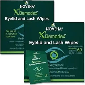 Noveha Demodex Eyelid & Lash Wipes - Box Of 60 Individually Wrapped Extra Strength Cleansing Eyelash Wipes - Battles Irritated Eyes - Naturally Remove Debris (Pack Of 2)