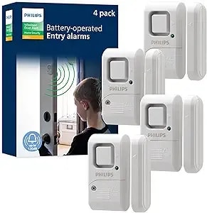 Philips Personal Security Window And Door Alarm, 4 Pack, Diy Protection, Burglar Alert, Wireless, Chime/Alarm, Easy Installation, Ideal For Home, Garage, Apartment, Rv And More, lrm3320w/27