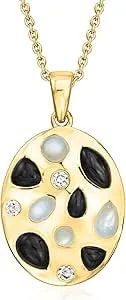 Ross-Simons Onyx, Mother-Of-Pearl And .17 Ct. T.W. Lab-Grown Diamond Pendant Necklace In 18kt Gold Over Sterling. 18 Inches
