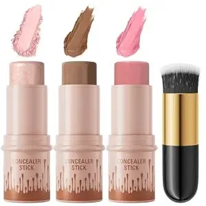 3pcs Cream Contour Sticks Kit, Highlighter Stick Blush Stick Cream Contour Kit Makeup Set With Brush,Face Brightens & Shades Contour Stick Waterproof For Women Girls