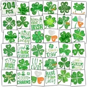 Partywind 204 Pcs Glitter Shamrock Tattoos For St Patrick'S Day, Individually Wrapped Cut Tattoo Stickers For Saint Patrick'S Day Decorations Party Supplies, Irish Clover Accessories For Kids Adults