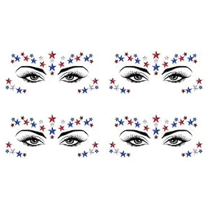 Wehhbtye 4pcs Patriotic Face Jewels Stickers, Long-Lasting Star Eye Gems Sticker, 4th Of July Crystal Face Gem Decoration For Independence Day Party Costume Cosplay Makeup Accessory