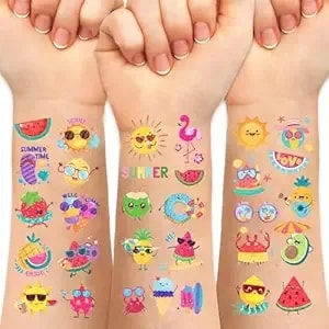 Glitter Summer Hawaiian Fruit Temporary Tattoos For Kids 80+ Style Fun Fruit Cartoon Pool Beach Vacation Theme Tattoo Hawaiian Tropical Waterproof Tattoo Sticker For Adults Luau Party Favor Decor 765