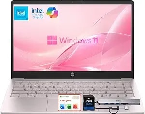 Hp 14" Laptop – Complete Productivity Solution, Windows 11, Microsoft Office, Intel 4 Core n150, 8gb Ram, 640gb Storage (128gb Ufs + 512gb Sd Card), Lightweight, Pink