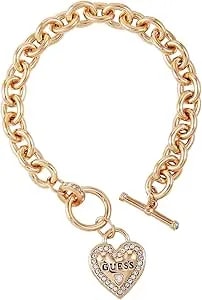 Guess Goldtone Dangle Logo Heart Charm Chain Toggle Bracelet