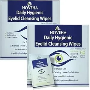 Noveha 120pcs Daily Hygienic Eyelid & Lash Wipes - 120 Individually Wrapped Cleansing Eyelash Wipes - For Blepharitis & Itchy Eyes, Demodex And Natural Makeup Remover & Daily Cleanser (2 Pack)