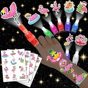 72 Pcs Flamingo Themed Party Favors – 48 Pcs Luminous Tattoos & 24 Pcs Led Finger Lights Combo – Birthday Goodie Bag Fillers, Party Supplies, Gifts Light Up Toys Glow In The Dark For Boys And Girls
