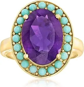 Ross-Simons Turquoise And 4.80 Carat Amethyst Halo Ring In 18kt Gold Over Sterling