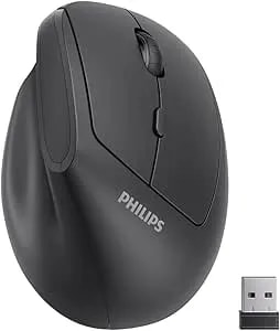 Philips Ergonomic Mouse - Vertical Mouse With 800/1200/1600 Adjustable DPI, 6 Silent Buttons Design For S/M Hands, Auto Power Saving, Light Weight, 2.4GHz Wireless Mouse For Laptop, Desktop, PC-Black