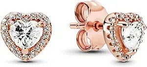 Pandora Sparkling Elevated Heart Stud Earrings - Stackable Earrings For Women - Great Gift For Her - 14k Rose Gold & Cubic Zirconia