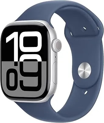 Apple Watch Series 10 [Gps 46mm Case] Smartwatch With Silver Aluminum Case With Denim Sport Band - M/L. Fitness Tracker, Ecg App, Always-On Retina Display, Water Resistant