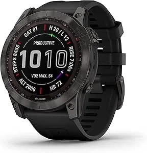 Garmin Fenix 7X Sapphire Solar, Larger Adventure Smartwatch, With Solar Charging Capabilities, Rugged Outdoor Watch With GPS, Touchscreen, Wellness Features, Carbon Gray DLC Titanium With Black Band