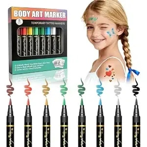 Temporary Tattoo Marker For Kids And Adults, 8 Metallic Markers And Tattoo Stencils, Flexible Brush Tip, Cosmetic Tattoos Pens For Skin