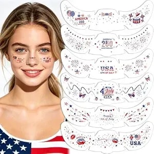 4th Of July Face Tattoo Stickers For Women Girls Independence Day Temporary Tattoos Red White Blue Usa Flag Star Face Tattoos Patriotic Party Supplies Fake Tattoos For Eye Makeup 6 Sheets