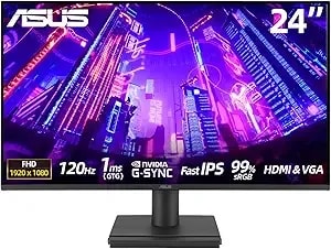 Asus 24" Monitor, Fhd(1920x 1080), 120hz, 1ms, Adaptive-Sync, 99% Srgb, Anti-Glare, Eye Care, Vesa Mountable, Hdmi, Vga, Frameless, Low Blue Light, Tilt Adjust, Black, For Office And Gaming