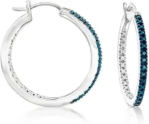 Ross-Simons 0.10 Ct. T.W. White And Blue Diamond Inside-Outside Hoop Earrings In Sterling Silver