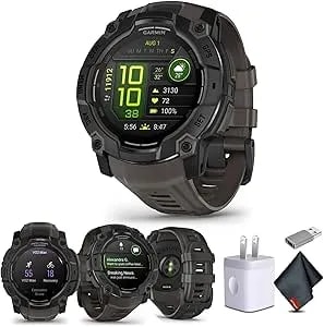 Garmin Instinct 3 50mm, Amoled, Outdoor Gps Smartwatch, 24/7 Health Monitoring, 24 Days Of Battery Life, Built-In Flashlight, Charcoal (010-03020-00) Fitness And Tactical Smart Watch Bundle For Men