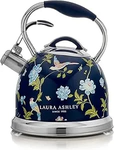 Vq Laura Ashley Elveden Navy 3l Stainless Steel Tea Kettle Stovetop Whistling Teapot For Induction, Gas Hob Or Others. Silicon Coated Cool Handle & Push Button Mechanism Vintage Stove Top Kettle
