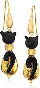 Ross-Simons Italian Black And Golden-Hued Murano Glass Bead Cat Drop Earrings With 18kt Gold Over Sterling