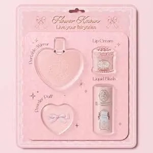 Flower Knows Strawberry Kiss Delight Set 4 Pieces Strawberry Cupid Makeup Gift Kit,Includes Lip Cream,Liquid Blush,Portable Mirror,Powder Puff,Portable Beauty For Women Girls