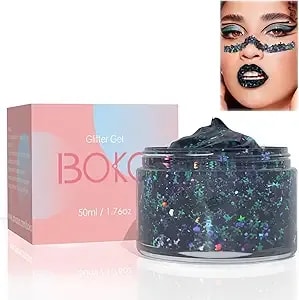 Boko 50ml Body Glitter Gel, Halloween Black Chunky Glitter Gel For Face Hair Body Makeup, Cosmetic Face Paint Sequins For Halloween Party Sfx Makeup Rave Accessories - Witch Black
