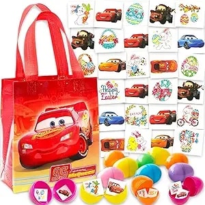 Disney Cars Easter Egg Hunt Supplies - Bundle With 12 Fillable Plastic Easter Eggs, 70+ Lightning Mcqueen Tattoos, 45+ Spring Tattoos, Mini Basket Bag Cars Easter Hunt Set
