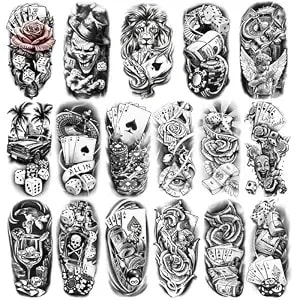 Casino Temporary Tattoos (77 Sheets), Fake Tattoo For Adults And Kids, Waterproof Fake Body Tattoo Stickers For Halloween, Parties, Cosplay, Casino Night - Realistic Poker/Dice/Skull/Chicano Designs