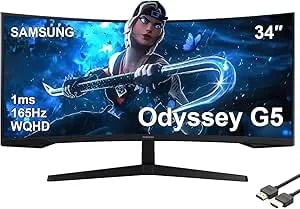 Samsung 34" Odyssey G5 Series Ultra-Wide WQHD Gaming Monitor, 1000R Curved, 165Hz, 1ms Response Time, Freesync Premium, Black, With MTC HDMI Cable