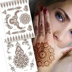 6 Sheets Henna Tattoos Temporary Stickers Reddish Brown Floral Geometric Waterproof Henna Tattoos For Women Indian Diwali Supplies Wedding Party Festivals Decoration