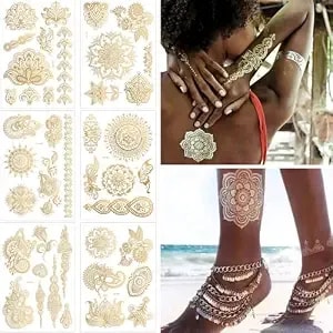 Gold Lace Tattoo Stickers Flower Lotus Lace Temporary Tattoo Stickers Sexy Butterfly Love Tattoo Sticker Design Self-Adhesive Arm Body Art Accessories For Girl Woman 6sheets