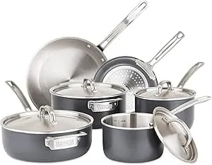Viking 5-Ply Pots And Pans Set, 10 Piece Hard Anodized Cookware, Stainless Steel Lids, Silver
