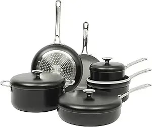 Sur La Table Kitchen Essentials Potluck Porch 10 Piece Pfa Free Ceramic Non Stick Interior Forged Aluminum Cookware Pots And Pans Set W/Aluminum Lids - Black - Induction Compatible
