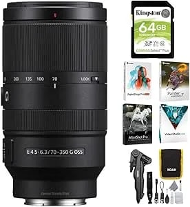 Sony E 70-350mm f4.5-6.3 G Oss Lens Bundle With Software Suite, Cleaning Kit, And 64gb Sd Card (4 Items)