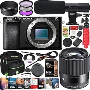 Sony a6100 Mirrorless Camera 4k Aps-C Camera Body Ilce-6100b Bundle With Sigma 30mm f1.4 Dc Dn C Lens + Deco Gear Condenser Microphone + Travel Bag Case + Photo Video Software Kit + Accessories