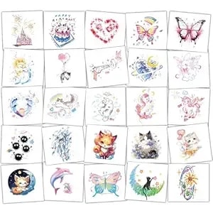60pcs Individually Wrapped Temporary Tattoos Sticker- Dopamine Animal Cat Dog Butterfly Mixed Tattoos For Kids Birthday Party Favors (C)