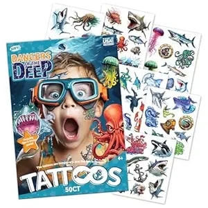 50 Sea Creature Temporary Tattoos: Skin-Safe Ink, Great For Birthday Parties, Gifts For Boys And Girls Ages 4-12+, Made In The Usa [6 Sheets, 50 Count]