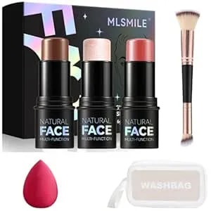 3-Piece Contour Stick Makeup Set With Dual-End Brush & Blending Sponge - Matte Highlighter, Blush & Bronzer Cream Sticks For Face Sculpting, Long Lasting Waterproof Formula & Travel Kit,Style 2