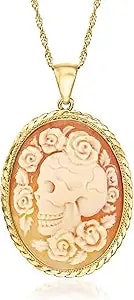 Ross-Simons Italian Orange Shell Floral Skull Cameo Pendant Necklace In 18kt Gold Over Sterling