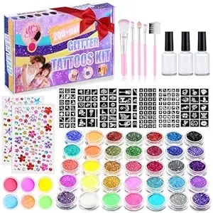 492 Temporary Glitter Tattoo Kit For Kids - 41 Colors & 215 Rhinestones - 204 Stencils - 24 Colors Glitter Powder - 3 Glue - 5 Brushes - Waterproof Tattoos For Parties & Make Up