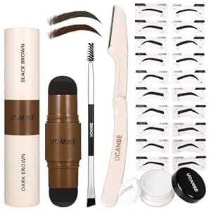 Ucanbe 25pcs Eyebrow Stamp Stencil Kit With Dual-Color Eyebrow Stamp Pomade,20 Reusable Eyebrow Stencils,Finising Powder,Brush,Eyebrow Razor,Zipper Pouch,Waterproof Eye Brow Stamping And Shaping kit04
