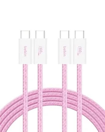 Belkin Usb C To Usb C Cable 2-Pack, 6.6ft, 60w - Type C Charger, Iphone Charger Cord, Soft, Braided, Flexible For Iphone 17, Galaxy s25, Pixel 10, Airpods, Ipad Pro & More, Travel Essentials - Pink