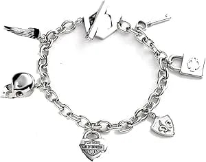 Harley-Davidson Women'S 7.5 In. Logo & Motif Charm Toggle Bracelet - Silver