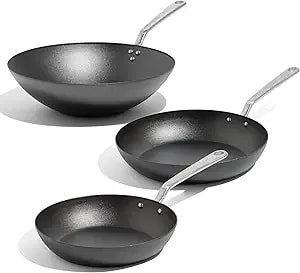 Made In Cookware - Seasoned Carbon Steel Frying Pan Set - Includes Frying Pans And Wok - Professional Cookware - Crafted In Sweden - Induction Compatible