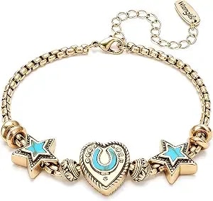 Montana West Wrangler Heart Bracelets For Women, Sliding Charm Bracelet, Fixed Charms, Turquoise Jewelry For Women With Gift Box, Sterling Silver/14k Gold
