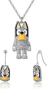 Bluey Pendant Necklace And Fish Hook Earrings Set Official License, Fashion Bluey Jewelry With Clear Crystals